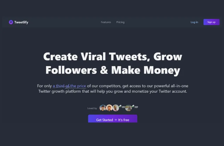 Captura da página inicial do Tweetlify, ferramenta para crescer e monetizar contas no Twitter