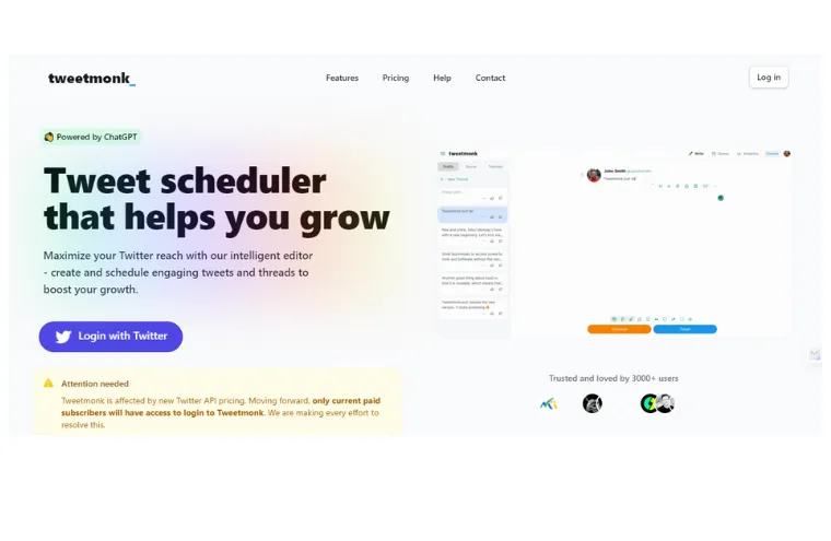 Captura da página do Tweetmonk, com o título "Tweet scheduler that helps you grow" e a tela do editor de publicações à direita