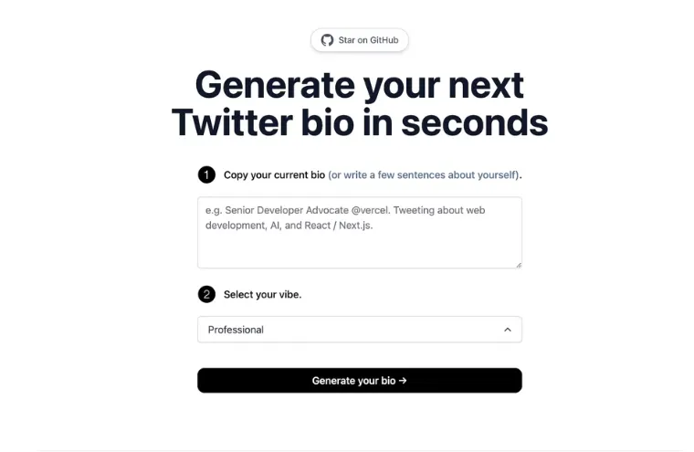 Captura do Twitterbio, com o título "Generate your next Twitter bio in seconds", o campo da biografia atual e a escolha do tom