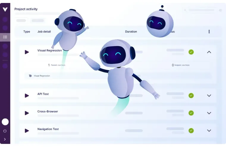Captura da interface do Virtuoso, com uma lista de testes automatizados e um robô ilustrado