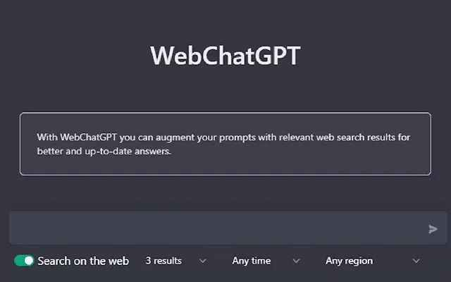 Captura da página inicial do WebChatGPT, com o título sobre aumentar prompts com resultados da web