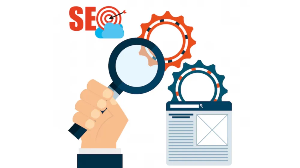 Lupa de busca com o texto SEO e engrenagens sobre a miniatura de uma página web com um espaço de imagem em branco
