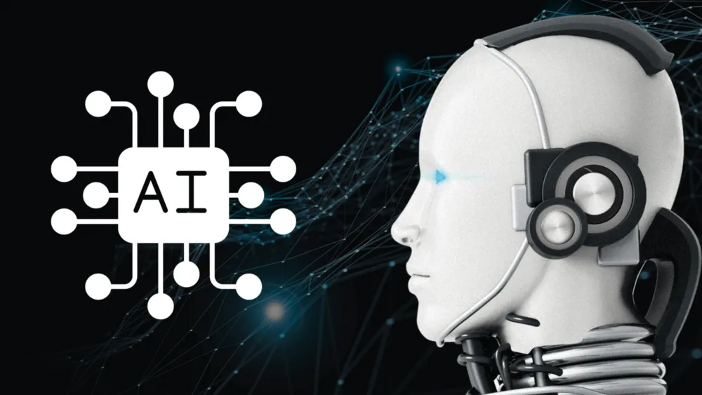 Ícone de circuito com o texto AI ao lado da cabeça de um robô humanoide