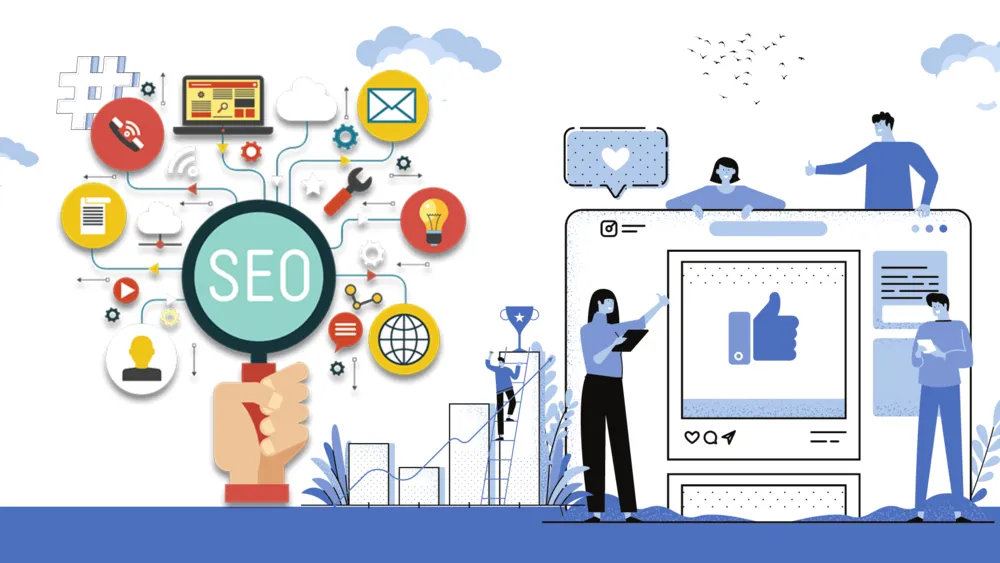 Ilustração de uma lupa com o texto SEO, cercada de ícones de marketing digital e um gráfico de crescimento