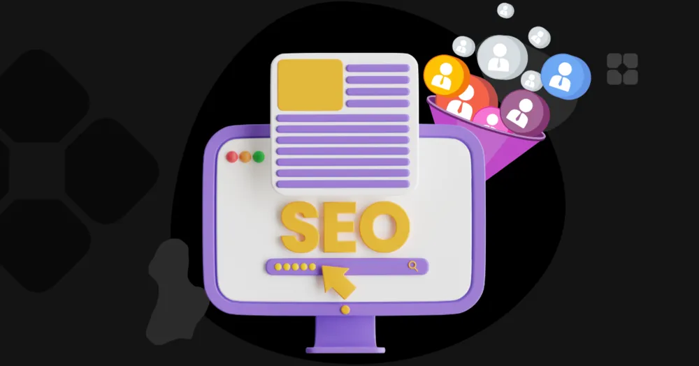 Tela de busca com a palavra SEO e um funil recolhendo ícones de pessoas, representando a conversão de palavras-chave em clientes