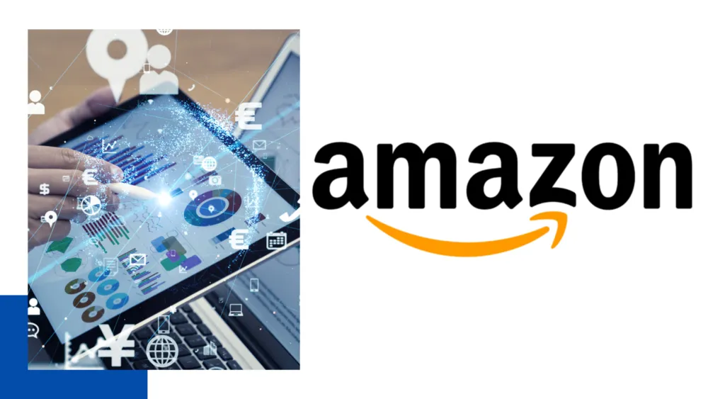 Mão com caneta sobre tablet exibindo ícones de dados e negócios, ao lado do logo da Amazon