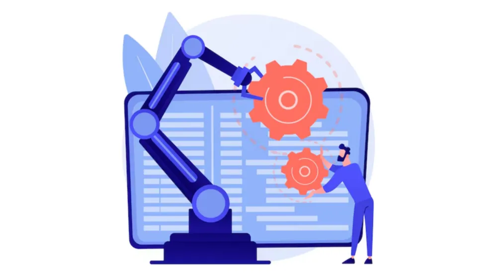 Ilustração de um braço robótico automatizando tarefas em uma tela de CRM, com engrenagens e uma pessoa ao lado