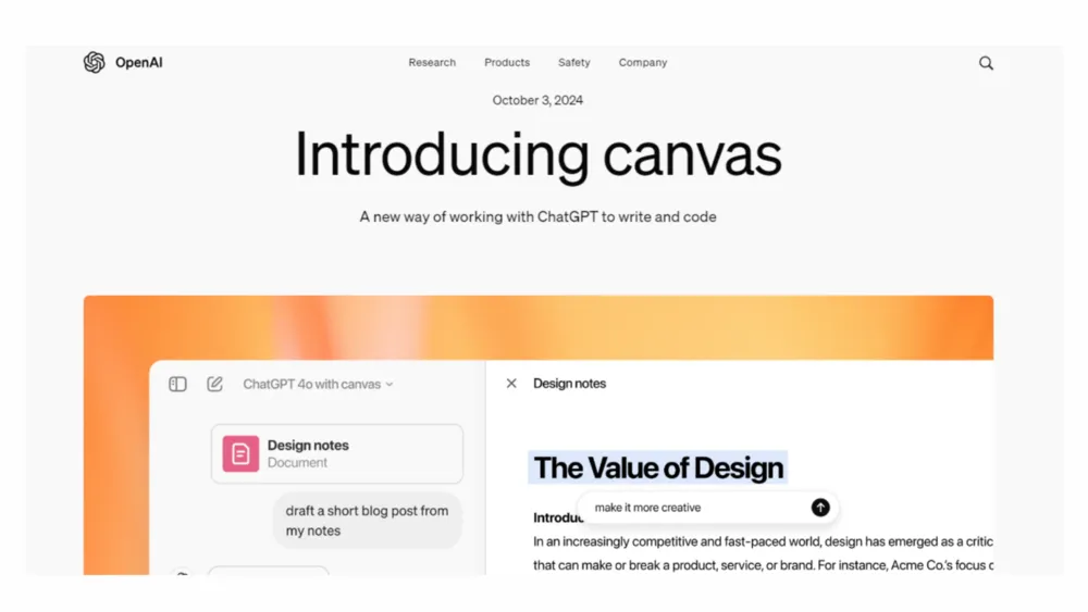 Página de anúncio da OpenAI, "Introducing canvas", com captura de tela da ferramenta