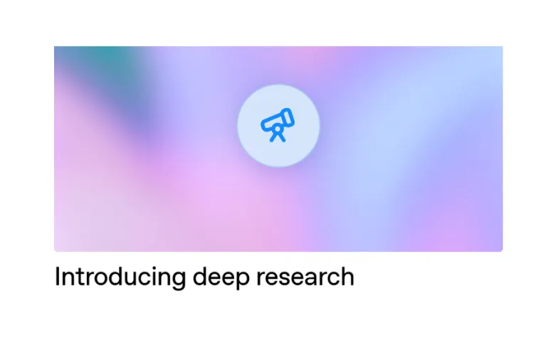 Ícone de um telescópio sobre fundo gradiente, com o texto "Introducing deep research"