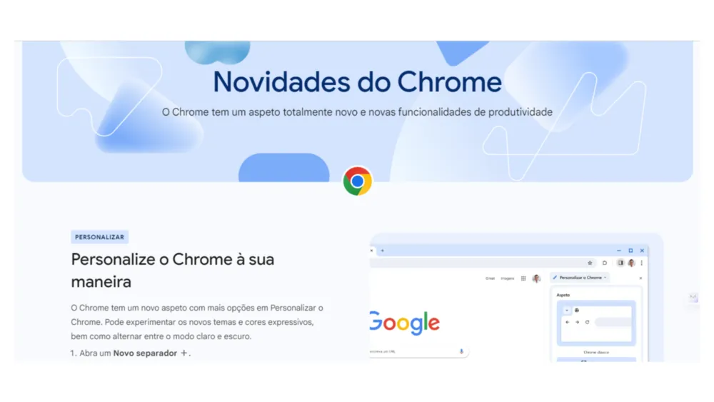 Página "Novidades do Chrome" do Google, com o logo do navegador e uma captura de tela do menu de personalização