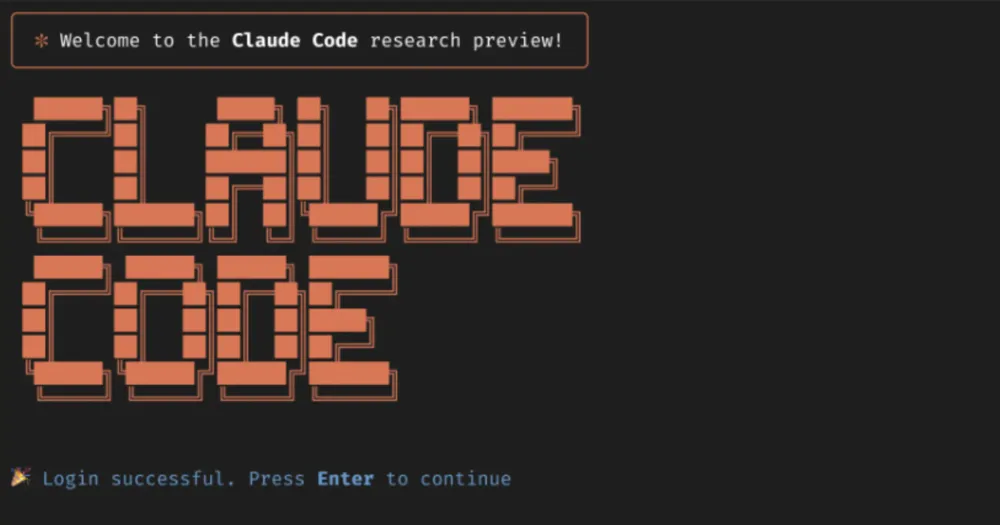 Tela de terminal com arte ASCII do texto Claude Code e mensagem de login bem-sucedido