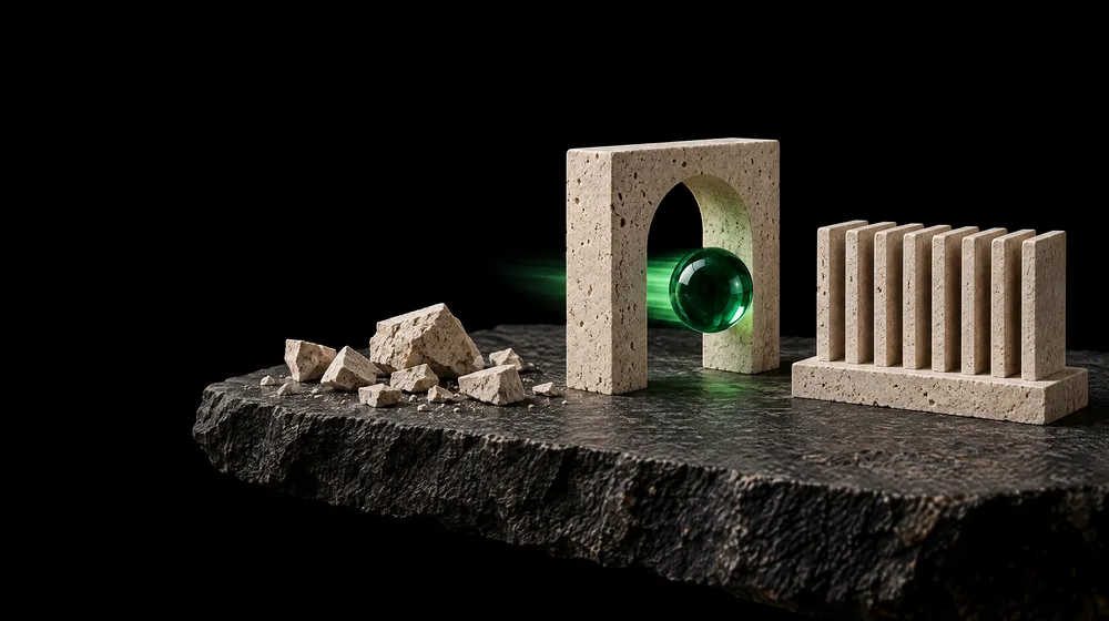 Maquete em pedra clara sobre uma laje escura: à esquerda, fragmentos de pedra soltos e espalhados; no centro, um portal de pedra por onde passa uma esfera de vidro verde; à direita, tabletes de pedra iguais, alinhados em prateleiras, sobre fundo preto