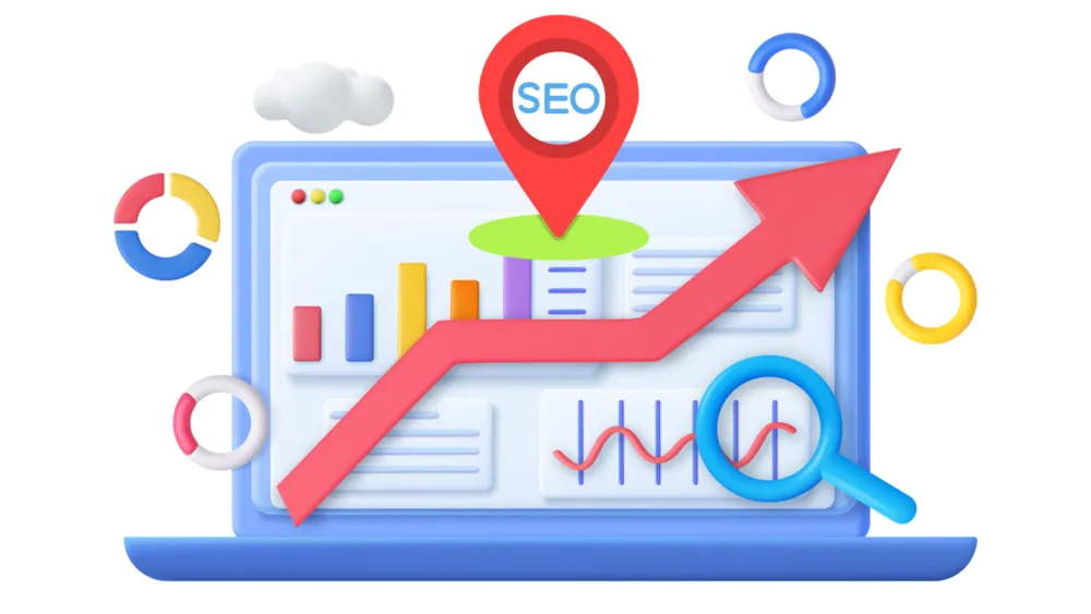 Ilustração de um notebook com gráficos de crescimento, um pin de localização com o texto SEO e uma seta ascendente