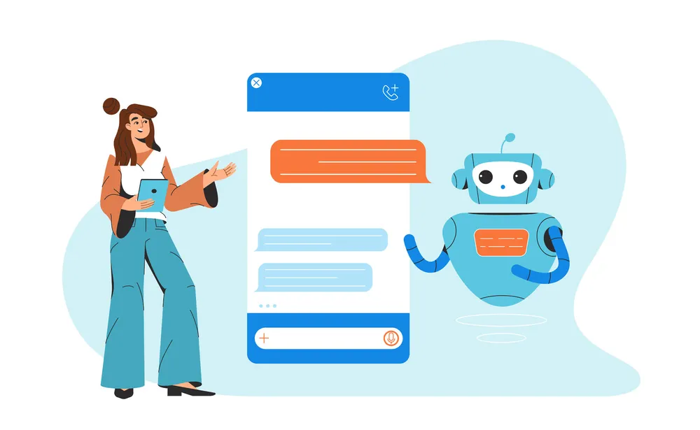 Ilustração de uma mulher conversando com um chatbot robô ao lado da tela de um aplicativo de mensagens