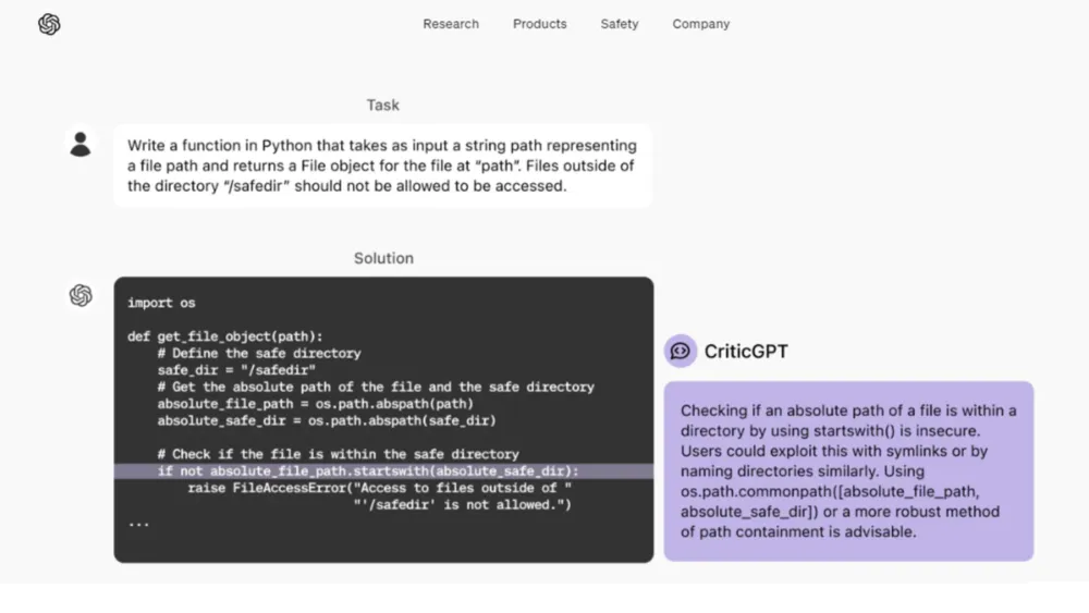 Print da página da OpenAI mostrando o CriticGPT analisando um trecho de código