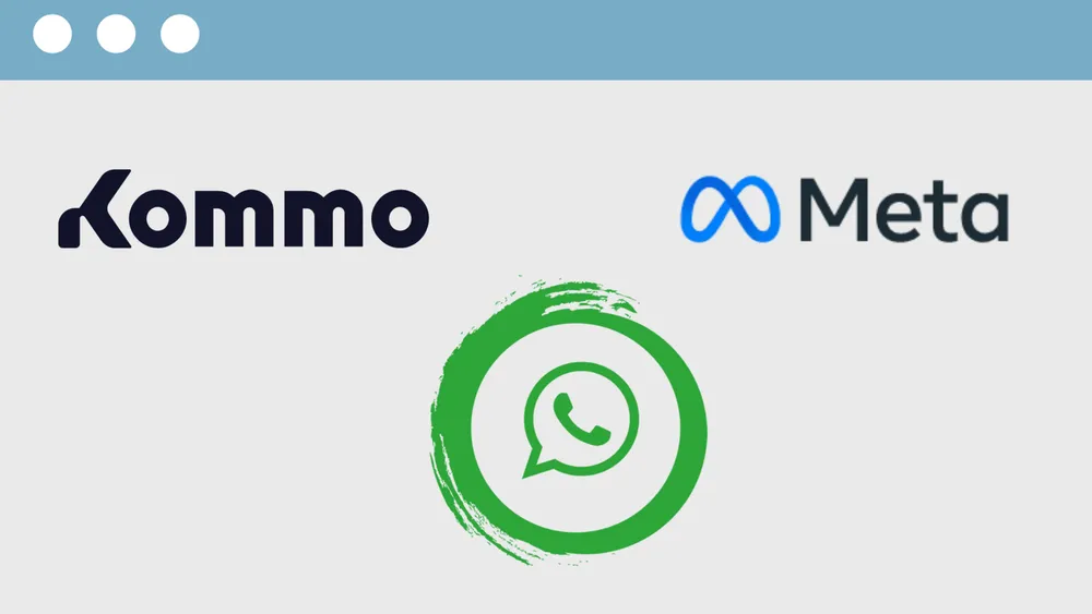 Logos da Kommo e da Meta com o ícone do WhatsApp entre eles
