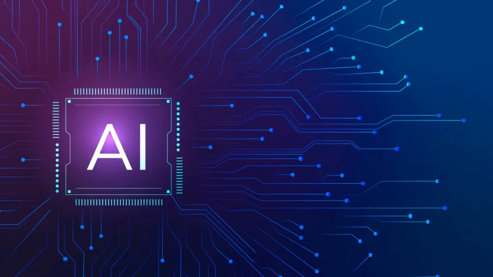 Chip com a sigla AI no centro de uma placa de circuitos, em tons de roxo e azul