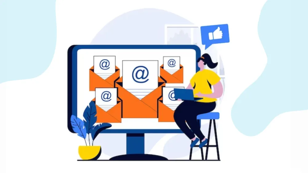Ilustração de uma pessoa com laptop ao lado de uma tela de computador exibindo vários envelopes de e-mail com o símbolo arroba