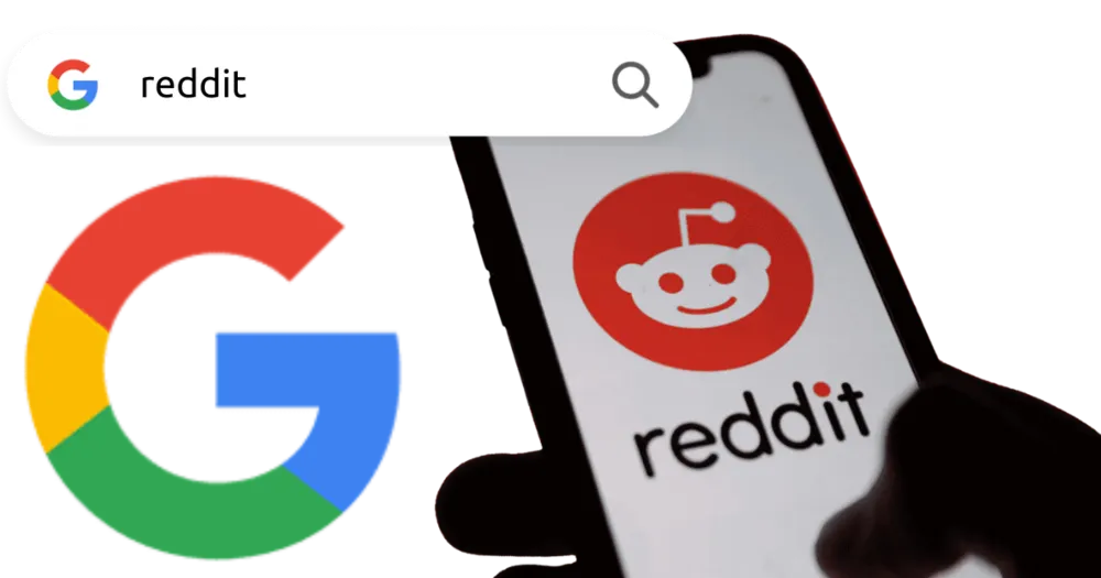 Logo do Google com a busca por 'reddit' na barra de pesquisa, ao lado de um celular exibindo o logo do Reddit