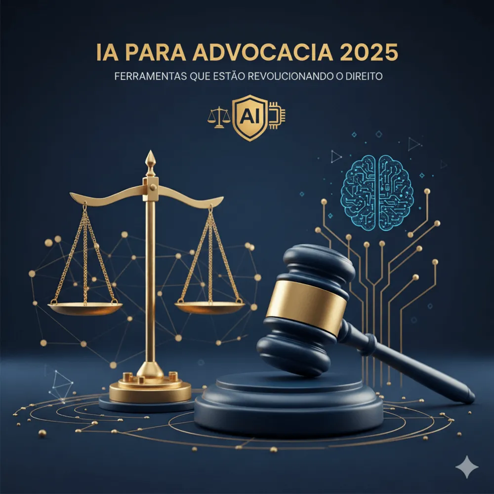 Balança e martelo de juiz dourados ao lado da ilustração de um cérebro com circuitos, simbolizando IA aplicada ao direito