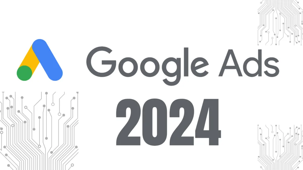 Logo do Google Ads com o texto 2024 sobre fundo com trilhas de circuito