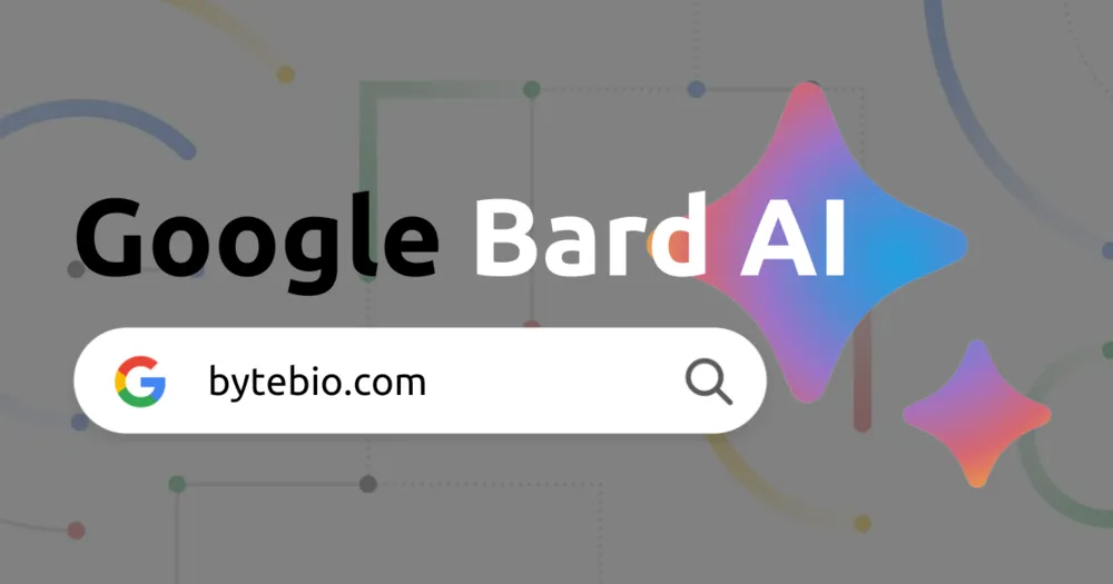 Texto "Google Bard AI" sobre uma barra de busca com o texto bytebio.com e o logo do Google