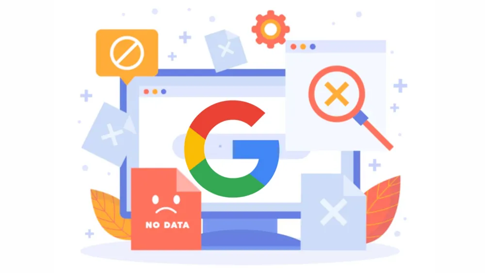 Ilustração do logo do Google cercado por ícones de erro, busca e um arquivo 'no data'
