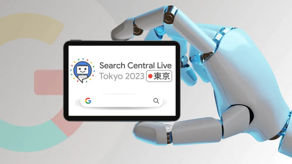 Mão robótica segurando tablet com o logotipo do Search Central Live Tokyo 2023 e a barra de busca do Google
