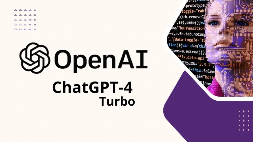Logo da OpenAI e texto ChatGPT-4 Turbo ao lado de um rosto robótico com circuitos