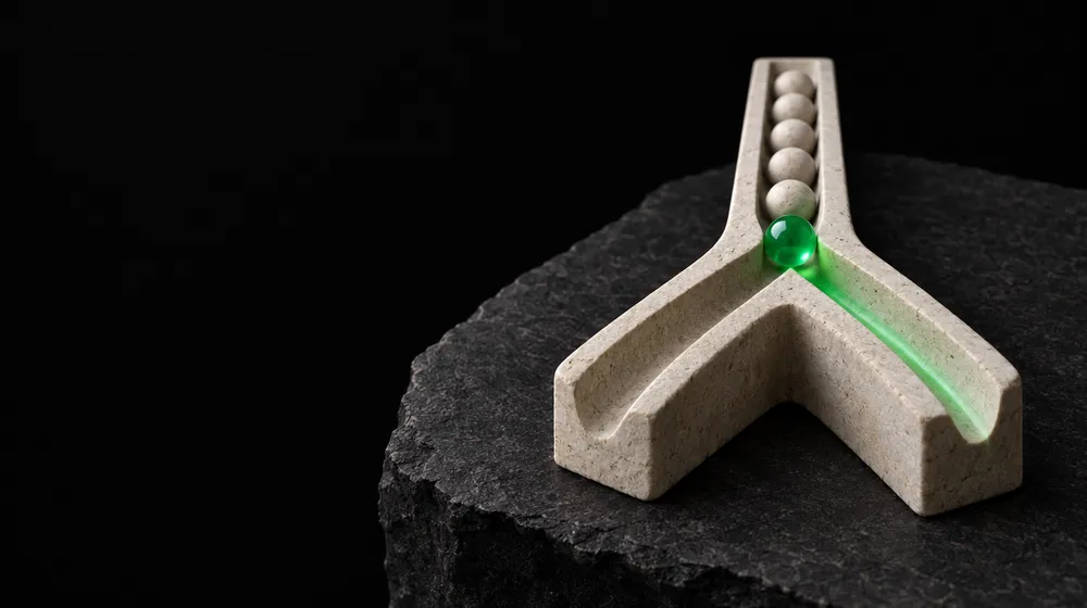 Maquete em pedra clara de um trilho em forma de Y sobre uma laje escura: uma fila de esferas de pedra espera na entrada e uma esfera de vidro verde acaba de ser encaminhada por um dos ramos, deixando um rastro luminoso, sobre fundo preto