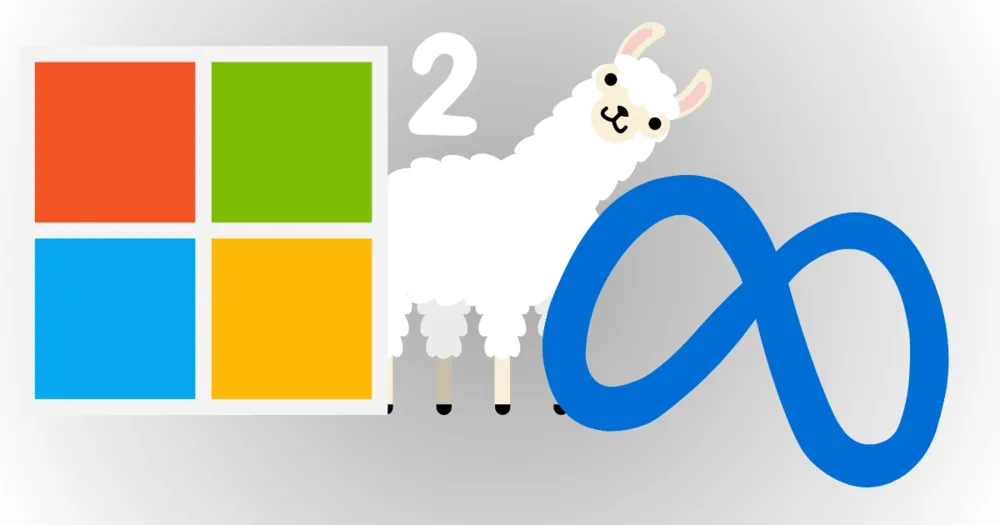 Ilustração de uma lhama entre o logo da Microsoft e o logo da Meta