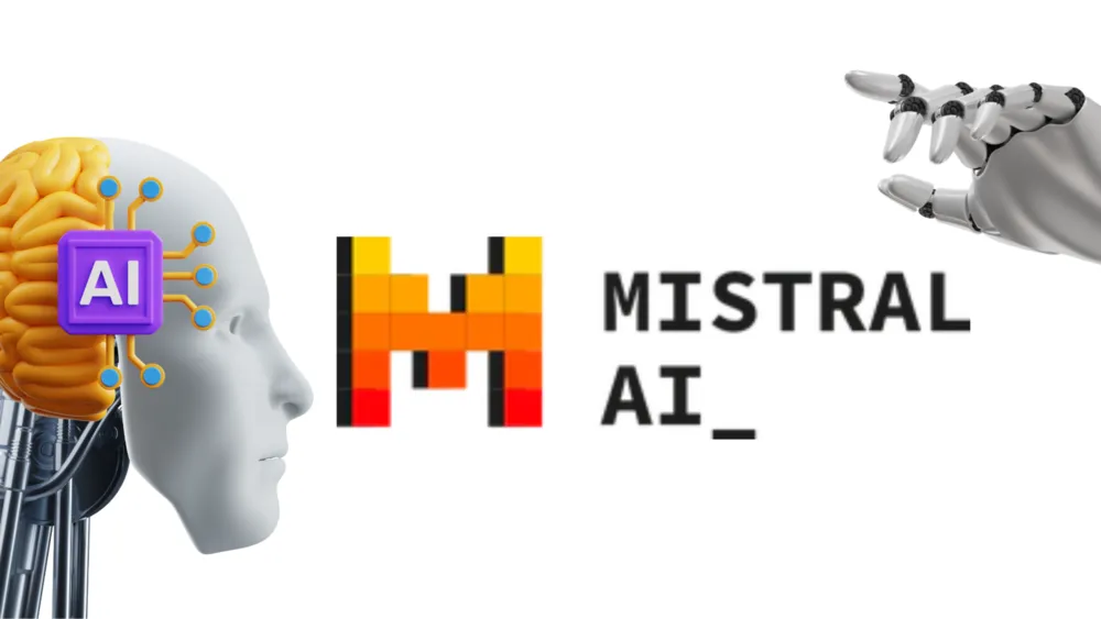 Cabeça robótica com cérebro exposto ao lado do logo da Mistral AI e uma mão robótica