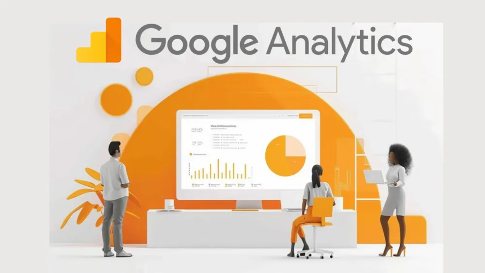 Ilustração do logo do Google Analytics com três pessoas analisando um painel de dados em uma tela grande