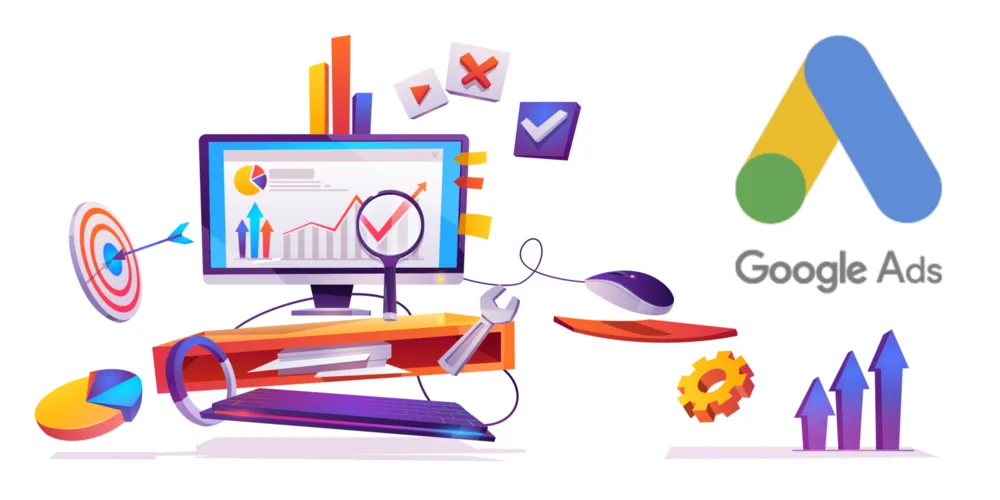 Ilustração de um computador com gráficos de desempenho ao lado do logo do Google Ads