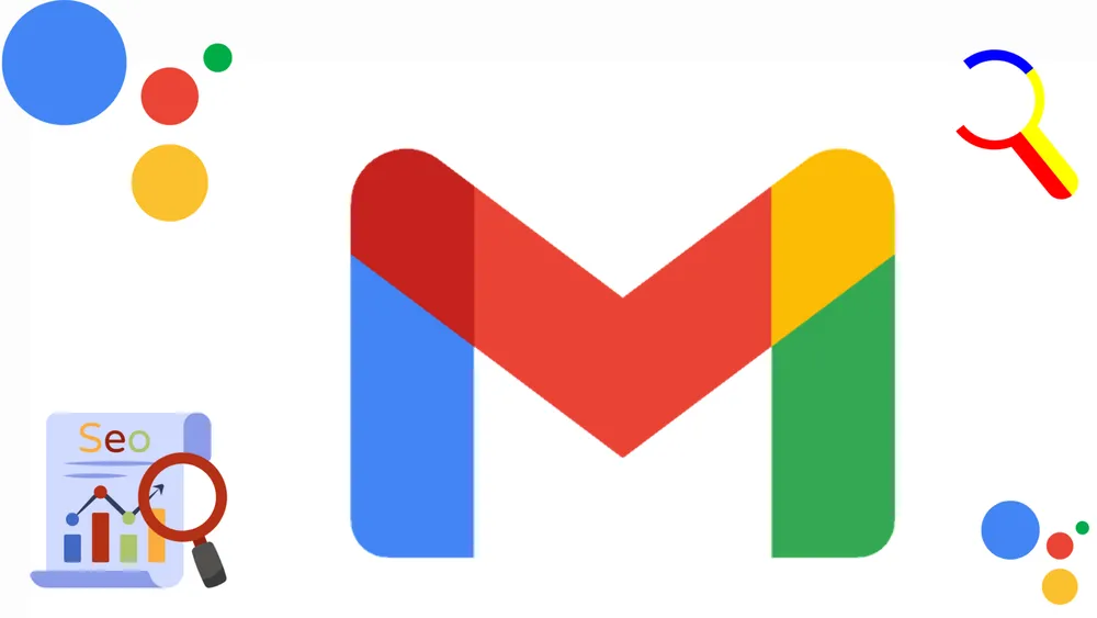 Logo do Gmail cercado por círculos coloridos, uma lupa e um ícone de relatório SEO