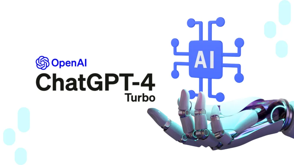 Logo da OpenAI e texto ChatGPT-4 Turbo ao lado de uma mão robótica segurando um ícone de chip com IA