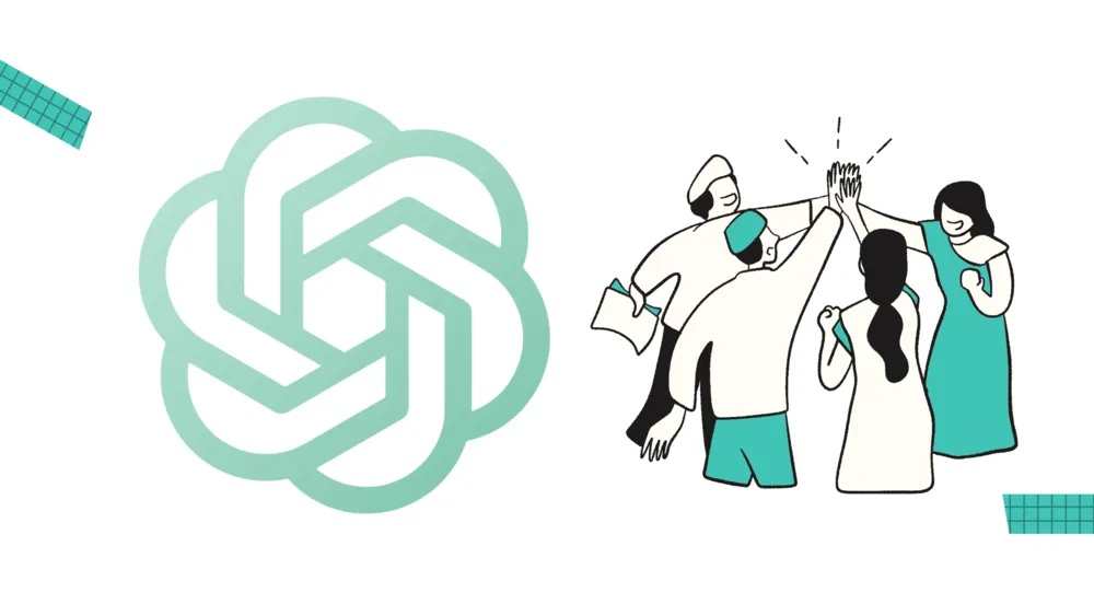 Logo da OpenAI ao lado de uma ilustração de pessoas comemorando com as mãos erguidas