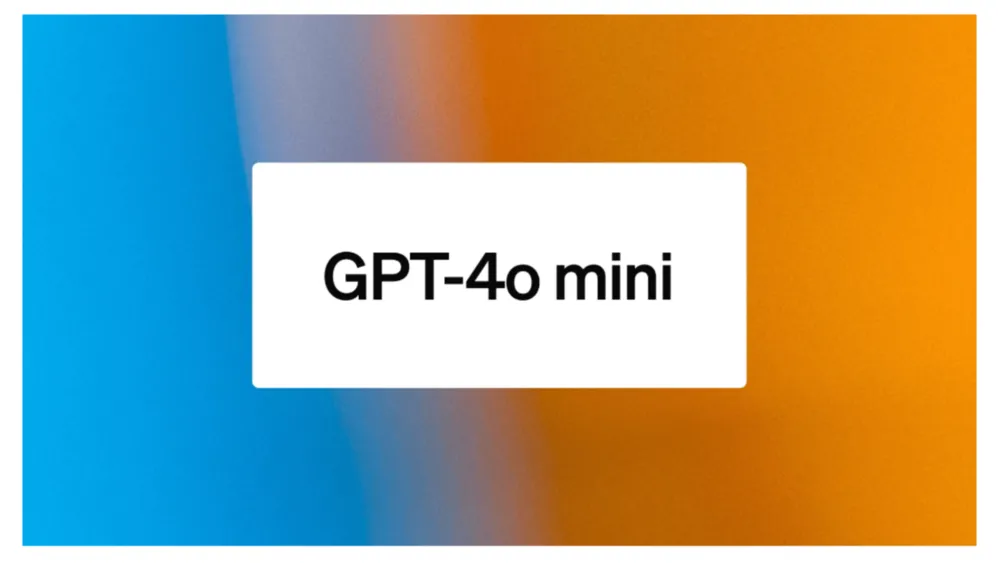 Banner com o texto GPT-4o mini sobre fundo gradiente azul e laranja