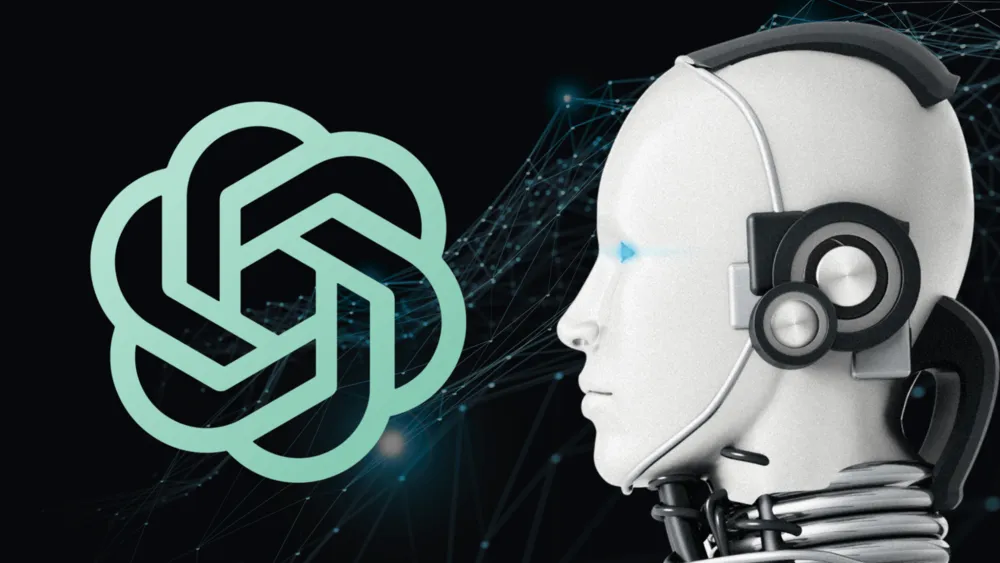 Logo da OpenAI ao lado de uma cabeça robótica de perfil