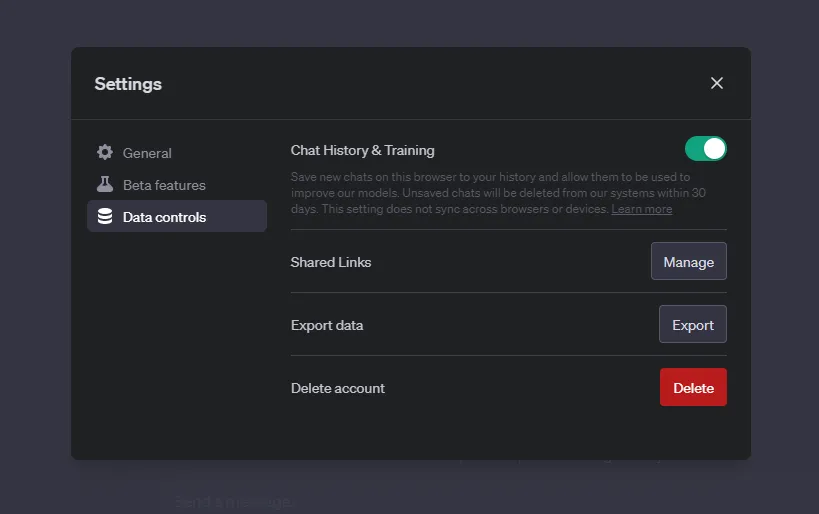 Tela de configurações Controle de Dados ChatGPT