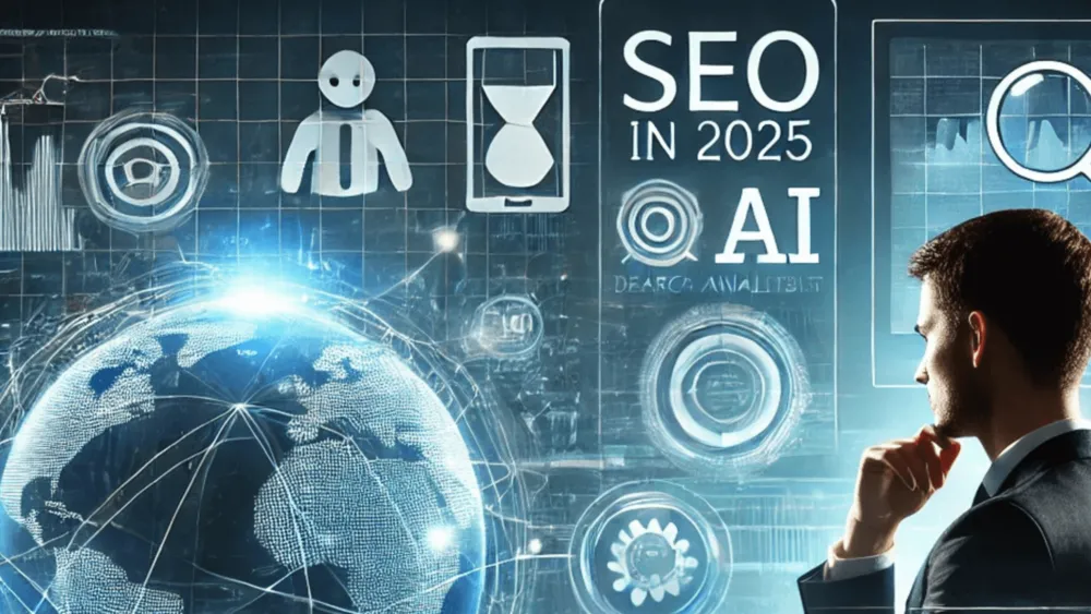 Homem observando um painel digital com o texto 'SEO in 2025' e ícones de IA sobre um globo terrestre