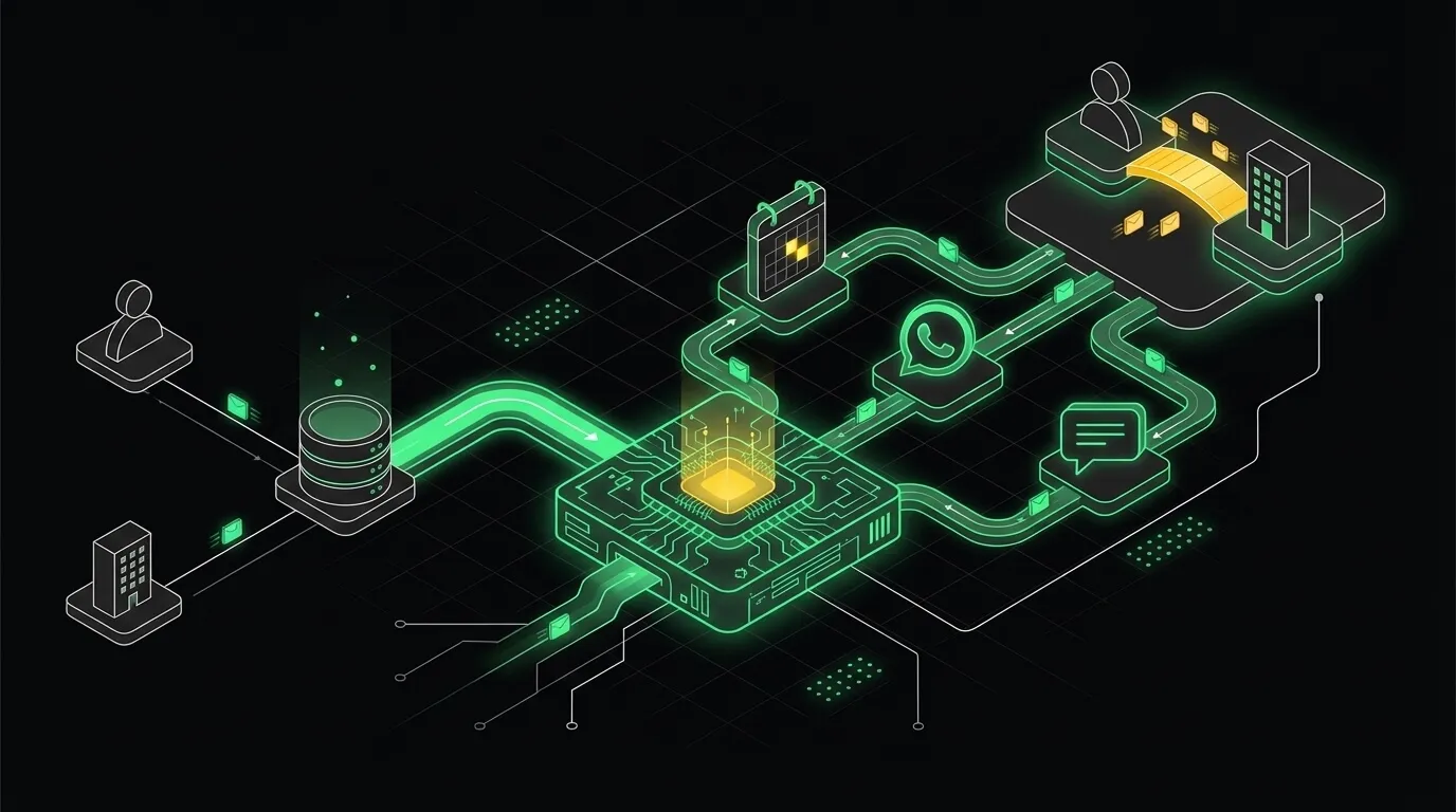 Ilustração isométrica em verde sobre fundo preto. Trilhas de dados saem de um prédio e de um cilindro de base de dados, passam por um processador central aceso em amarelo e seguem até balões de conversa, o ícone do WhatsApp e um atendente em sua mesa.