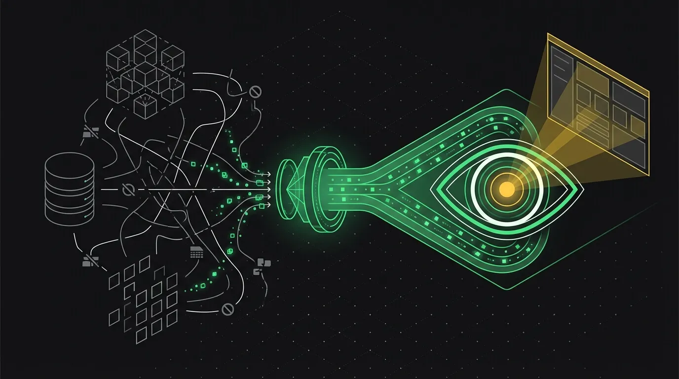 Ilustração em verde sobre fundo preto. À esquerda, cubos, planilhas e um cilindro de base de dados ligados por linhas emaranhadas; um funil de luz concentra tudo num grande olho de circuito que projeta um painel organizado em amarelo.