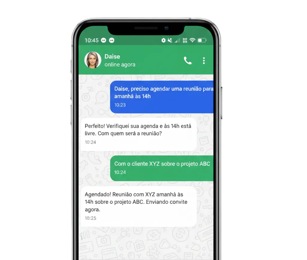 Переписка в WhatsApp (Daise) на смартфоне. Демонстрация быстрого планирования встреч с помощью виртуального помощника на базе искусственного интеллекта.