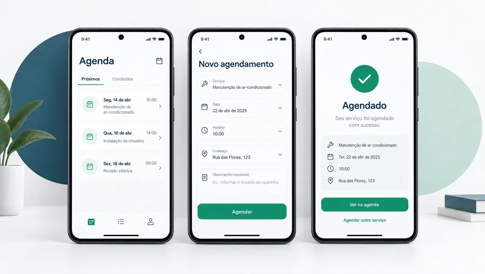 Ilustração de três telas de um app fictício de serviços: agenda, novo agendamento e confirmação.