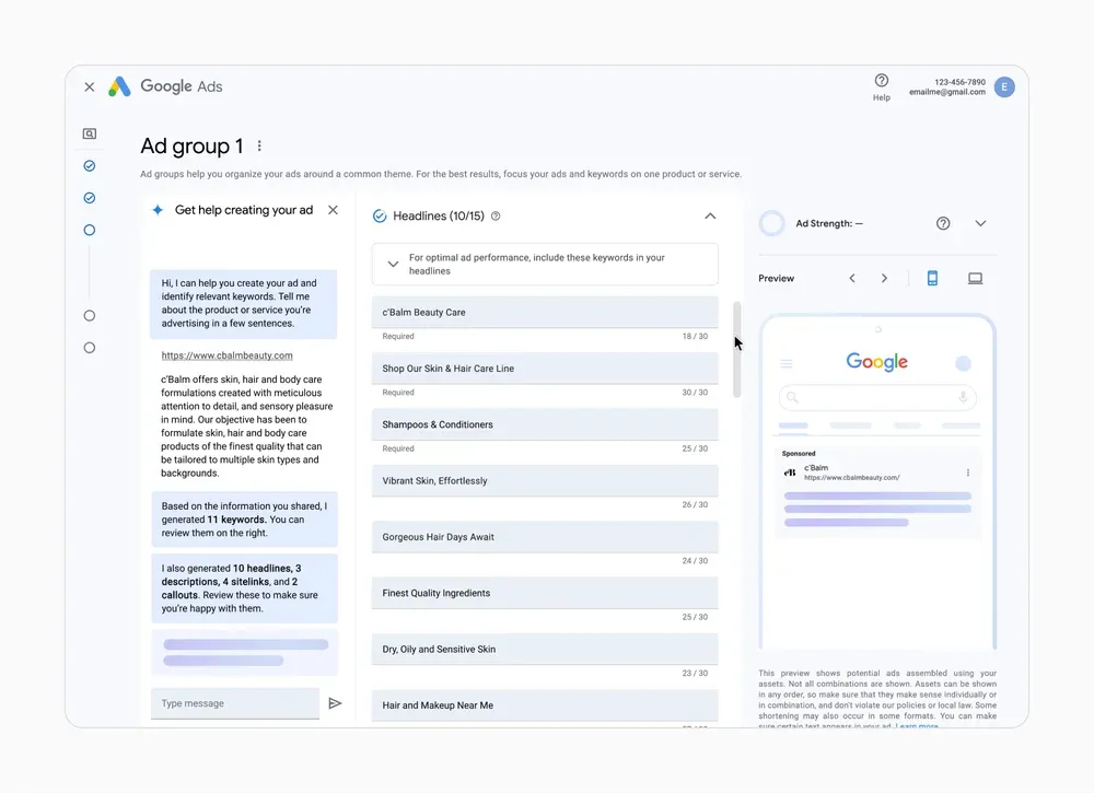 Tela de apresentação, criando um anúncio no Google Ads com Inteligência Artificial. Fonte: Blog do Google
