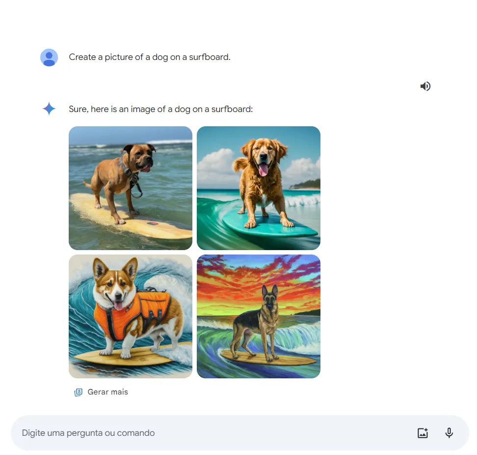 imagem de um cachorro em uma prancha de surf, gerada pelo Gemini