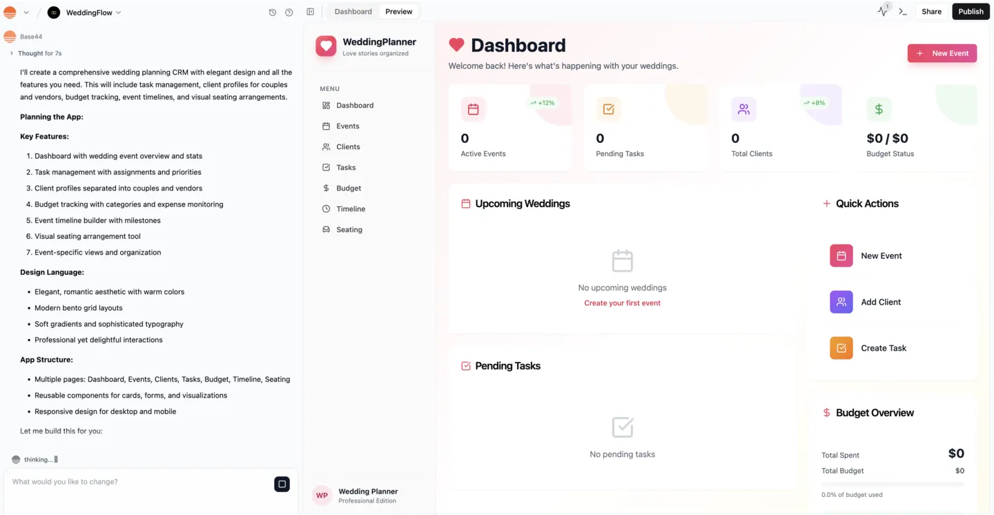 Editor do Base44 com o chat à esquerda, que descreve o plano do app, e a prévia do painel à direita