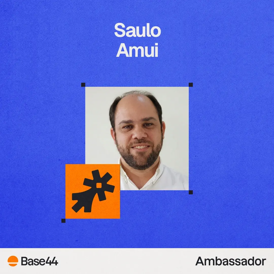 Cartão Base44 Ambassador de Saulo Amui, com a foto dele, a logo do Base44 e a palavra Ambassador
