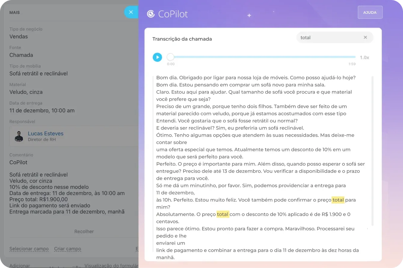 CoPilot transcribiendo una llamada en el CRM de Bitrix24